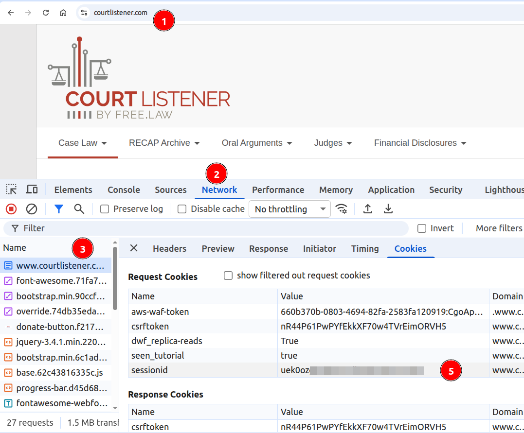 Chrome DevTools showing the sessionid cookie under the CourtListener domain
